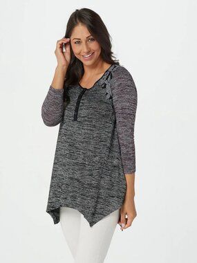 LOGO by Lori women plus size 2X space dye color blocked mix media tunic lace,